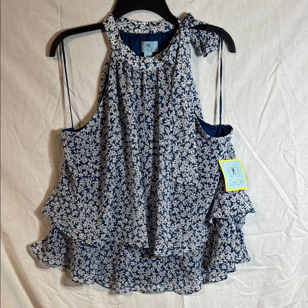 CeCe Blue Sleeveless Ruffled Tie Front Blouse - Large